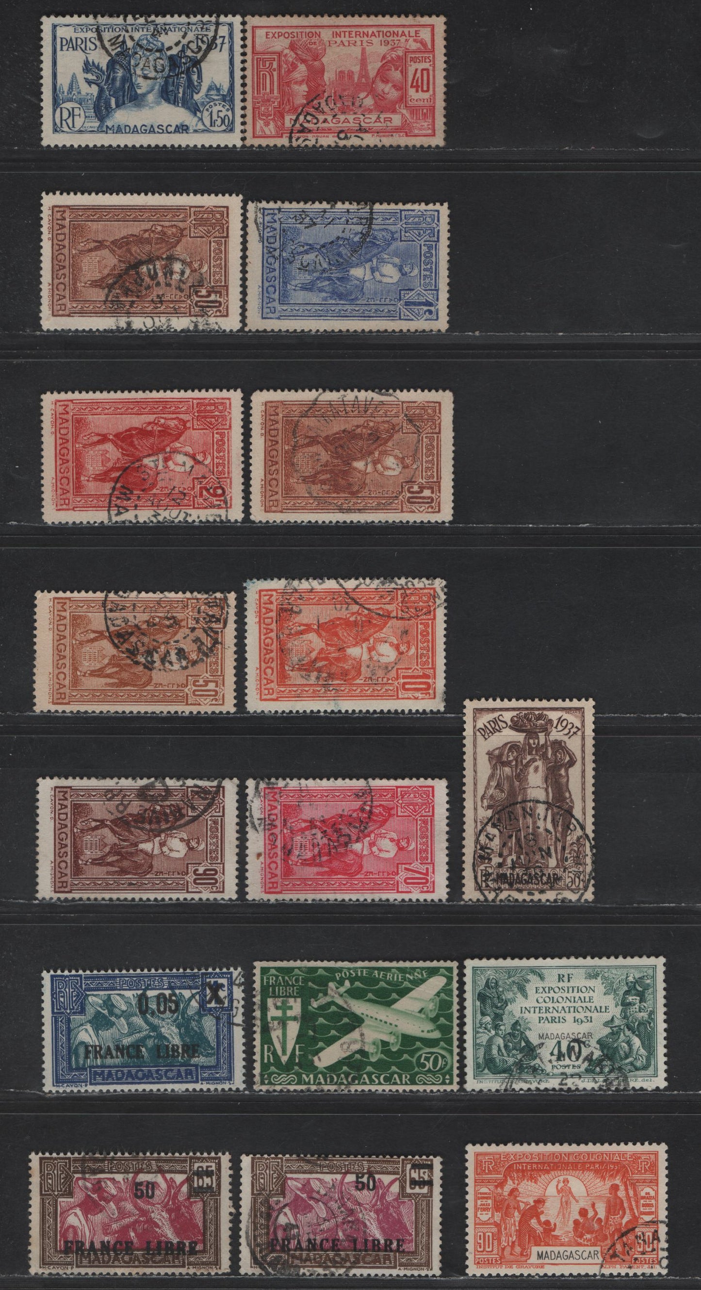 Lot 159 Madagascar SC#169, 171, 173-175, 177, 182, 184-185, 193-194, 196, 229, 239, C42 40c - 50f Deep Green Colonial Expo - 4 Motor Plane, 1931-1943 Colonial Exposition - Airmail Issues, 17 Very Fine Used Singles