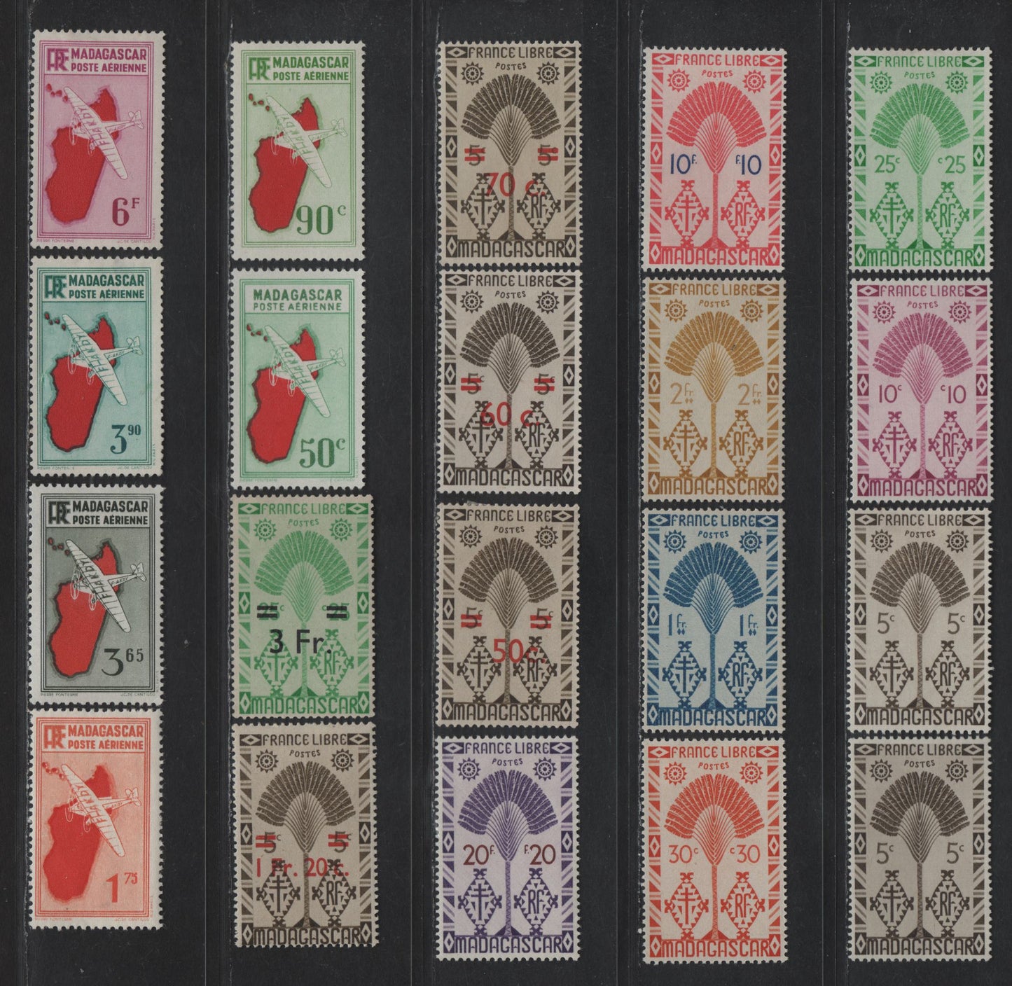 Lot 160 Madagascar SC#241-244, 247, 249, 253-254, 261-264, 266, C2, C6, C9-C10, C14, C25 5c - 6f Olive Gray - Rose Lilac Traveller's Tree - Airplane & Map, 1935-1943 Pictorial Definitive & Airmail Issues, 20 F/VFOG Singles