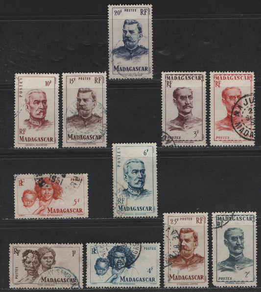 Madagascar SC#275-285 1fr - 25fr Brown Sakalava Man & Woman - Marshal Joseph J.C. Joffre, 1946 Portrait Definitives, 11 Very Fine Used Single