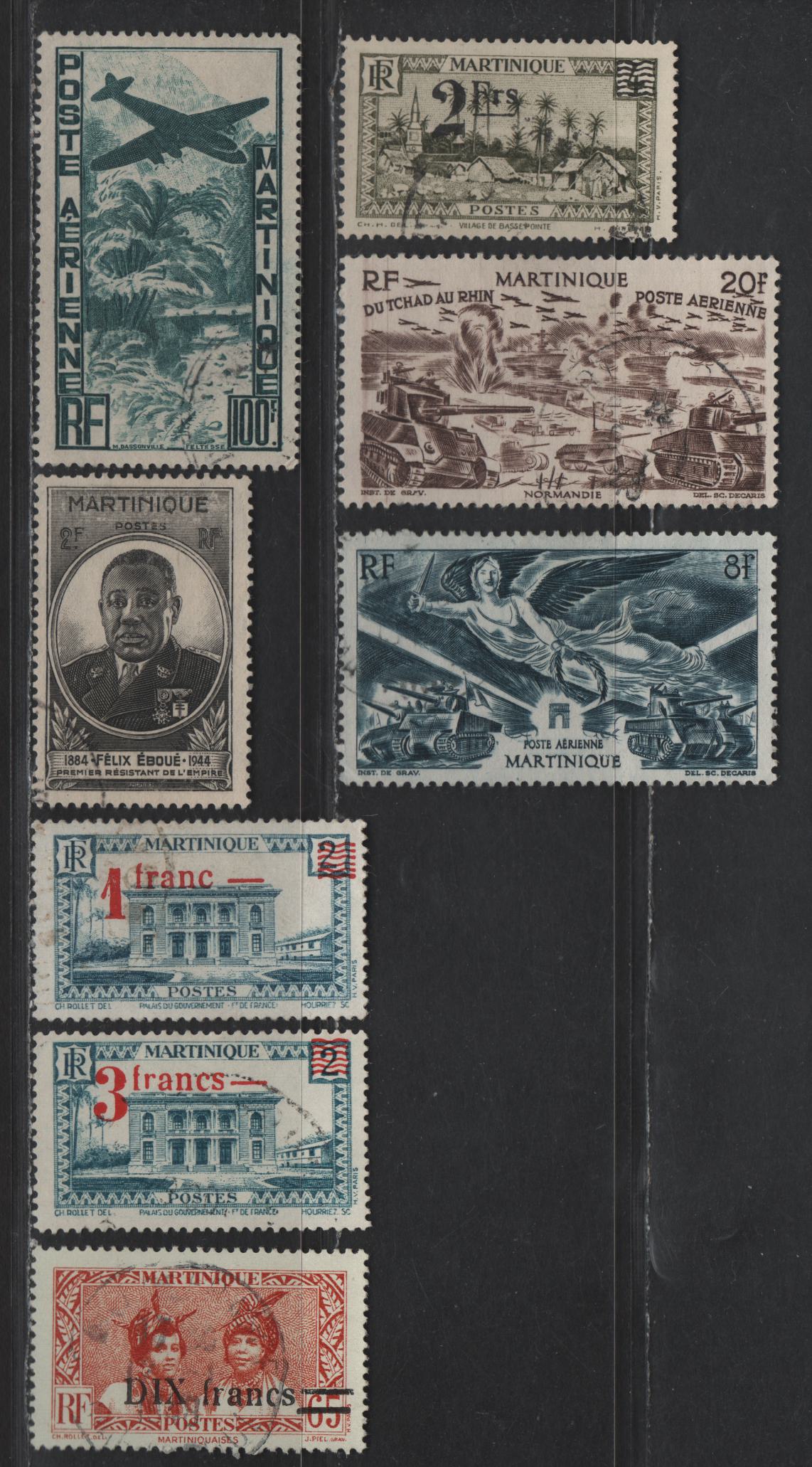 Lot 186 Martinique SC#190-192, 194, 196, C3, C7, C11 1fr on 2c - 100fr Dull Blue - Dark Blue Green Government Palace, Fort-de-France - Plane over Tropic Shore, 1945-1947 Surcharged & Airmail Issues, 8 Very Fine Used Singles