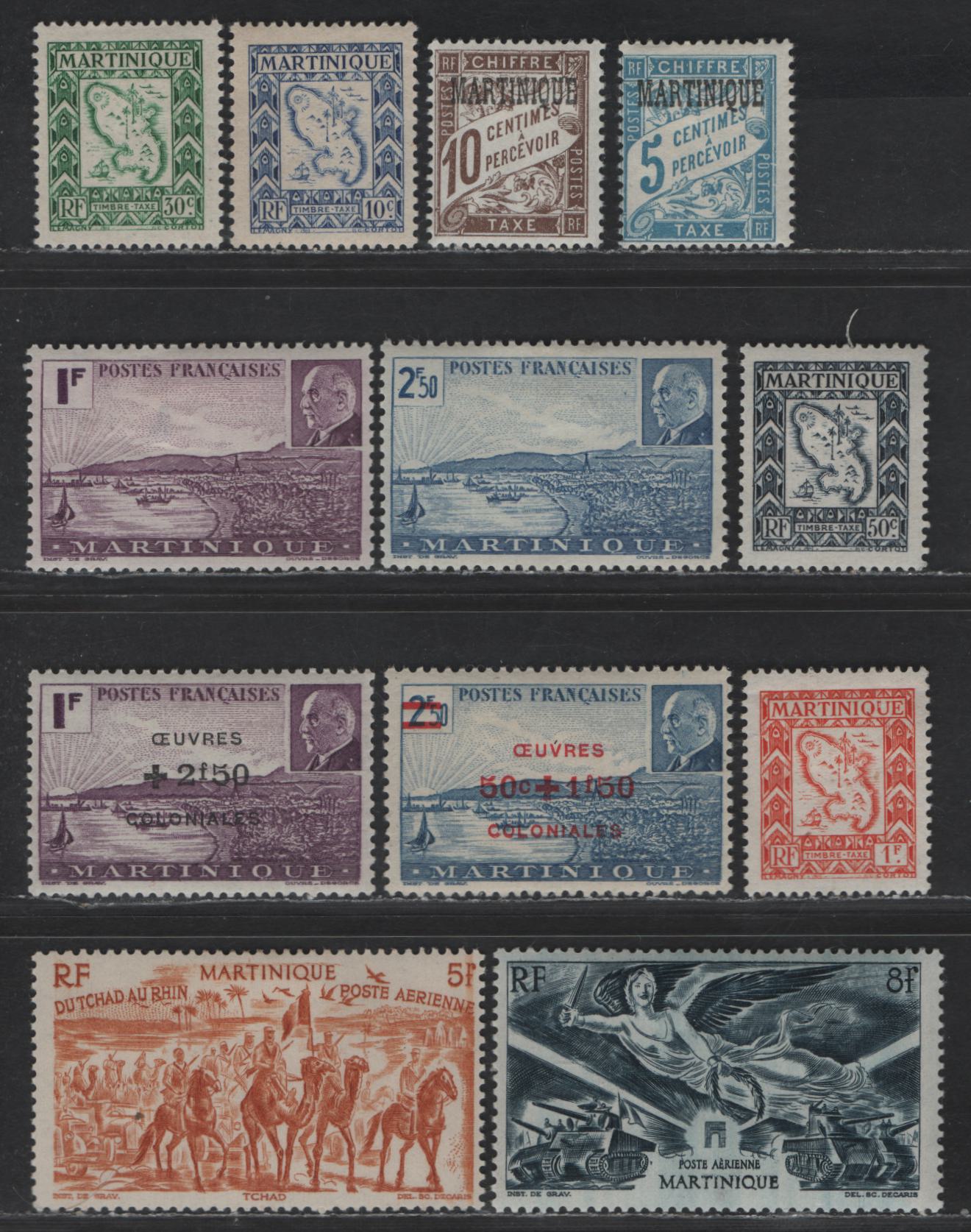 Lot 187 Martinique SC#188-189, B10A-B10B, C3-C4, J15-J16, J37-J40 1fr Dull Lilac - Orange View of Fort-de-France - Map, 1941-1947 Petain Pictorial Issue & Postage Dues, 12 F/VFOG Singles