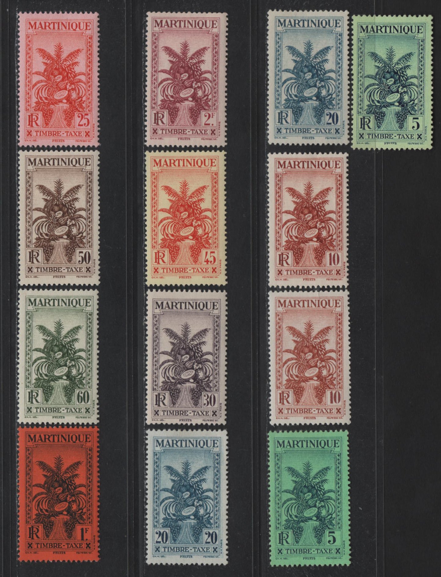 Lot 188 Martinique SC#J26-J35 5c - 2fr Dark Blue on Green - Deep Rose Tropical Fruit, 1933 Postage Dues, 12 VFOG Singles, Some Shade Varieties