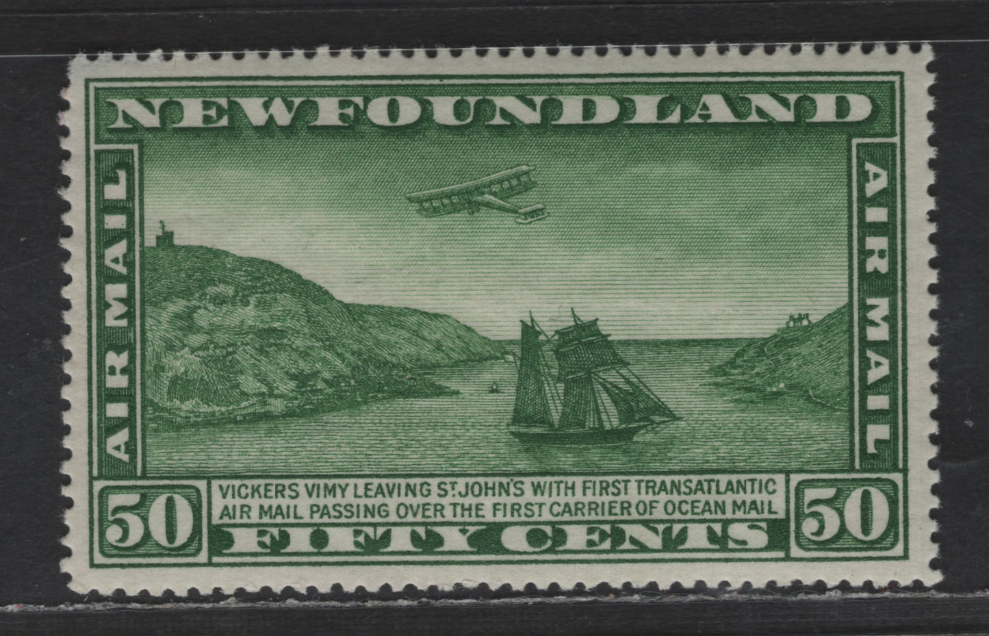 Lot 190 Newfoundland #C7 50c Green Airplane & Packet Ship, 1931 Airmail Issue, A FOG Single