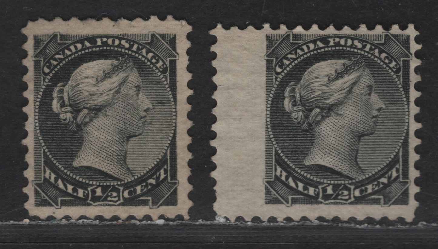 Lot 193 Canada #34 1/2c Silver Black Queen Victoria, 1870-1893 Small Queen Issue, 2 Fine Unused Singles, Late Montreal Printings, Stout Horizontal Coarse Mesh, Non Porous Wove Paper (LM-A), Perfs 12x12.25 & 12.25, One With Plate Position Dot, One Without