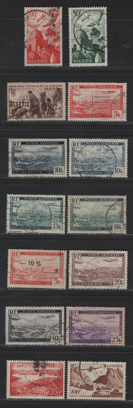 Lot 20 Algeria SC#B44, C1-C10, C12 4fr+6fr - 20fr Dark Violet Brown - Dark Red P.T.T Victims - Beni Bahdel Dam, 1945-1957 PTT Victims - Airmail Issues, 14 Very Fine Used Singles