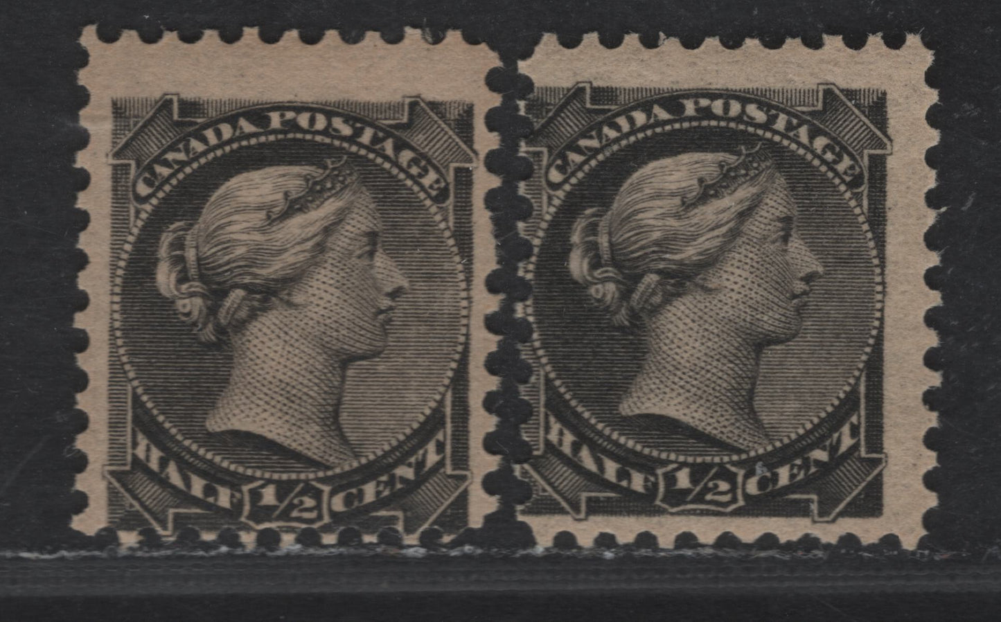Lot 206 Canada #34 1/2c Black Queen Victoria, 1870-1893 Small Queen Issue, 2 VGNH Singles, Mid Second Ottawa Printing, Paper Type 2O-B (See Body), Perfs 11.9x12 & 12x12.1