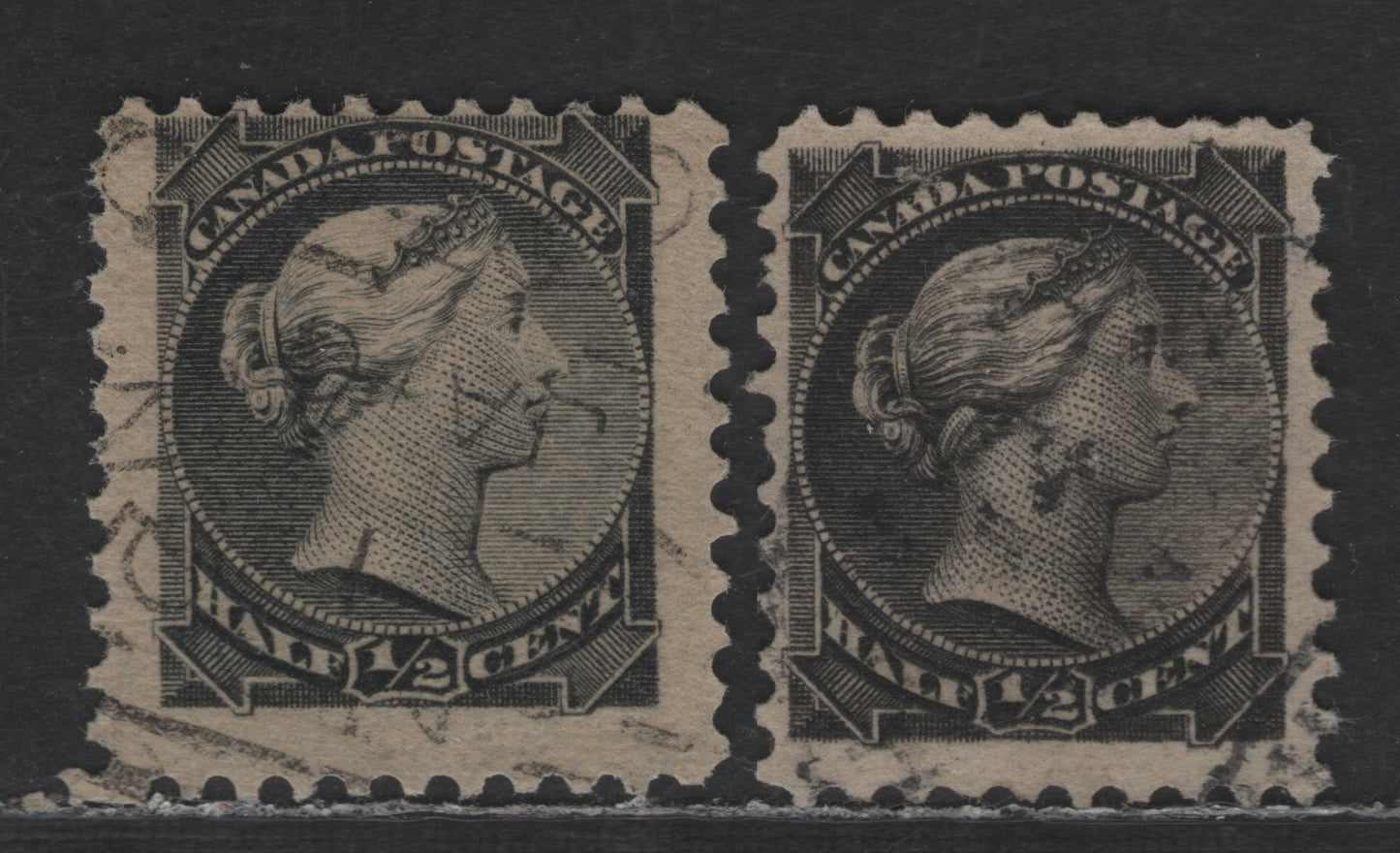 Lot 207 Canada #34, 34i 1/2c Gray Black & Black Queen Victoria, 1870-1893 Small Queen Issue, 2 Fine Used Singles, Mid Second Ottawa Printing, Paper Type 2O-B (See Body), Perf 12