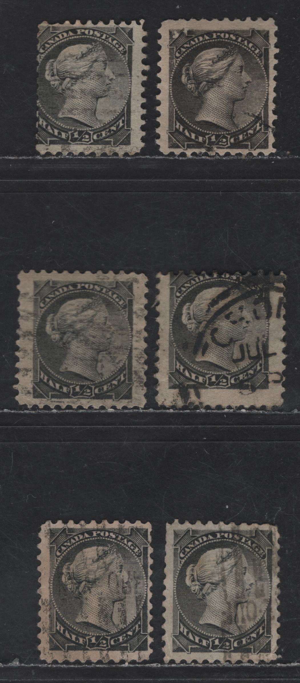 Lot 215 Canada #34 1/2c Black Queen Victoria, 1870-1893 Small Queen Issue, 6 Ungraded Singles, Half Cent Paper Reverence Group Of 2nd Ottawa Printings, Includes On Of Each Type (2O-A - 2O-F), Slight Faults, Intended As A paper Reference Lot