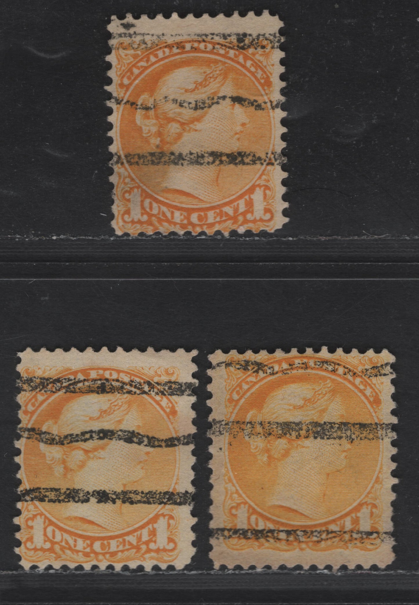Lot 243 Canada #35xx 1c Yellow, Orange Yellow & Bright Yellow Queen Victoria, 1870-1893 Small Queen Issue, 3 Fine Used Singles, Mid Second Ottawa Printings, Paper Type 2O-E (See Body), Perfs 12 & 12.1