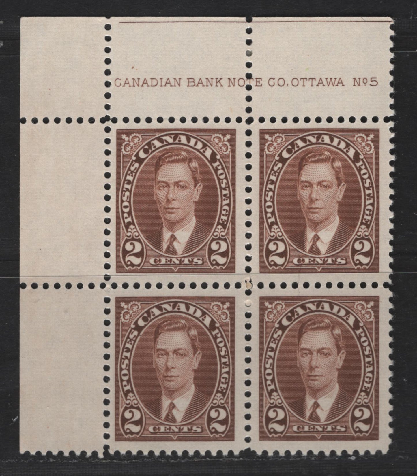 Lot 253 Canada #232 2c Brown King George VI, 1937 Mufti Issue, A VFNH UL Plate 1 Block Of 4, Perf 12, Hinge in Selvedge