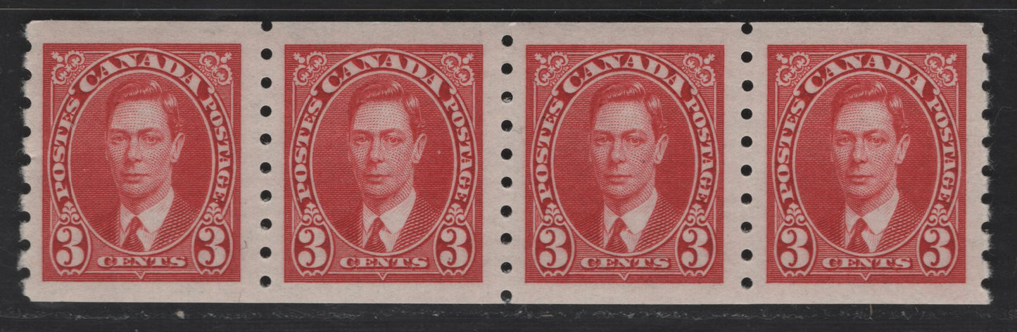 Lot 258 Canada #240 3c Carmine King George VI, 1937 Mufti Coil Issue, A VFNH Coil Strip Of 4, Perf 8 Vertical