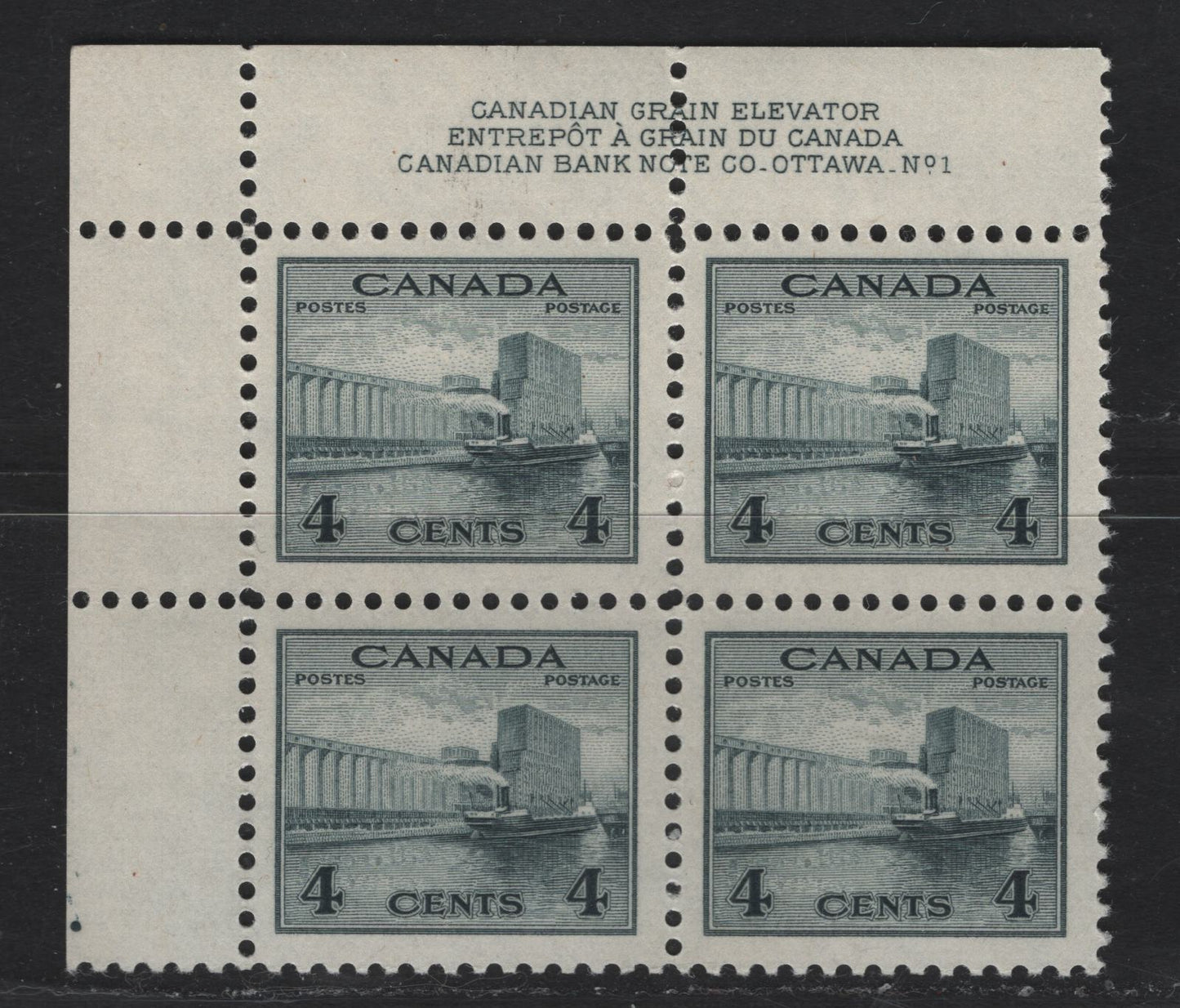 Lot 263 Canada #253 4c Grayish Black Grain Elevators, 1942-1943 War Issue, A VFNH UL Plate 1 Block Of 4, Perf 12