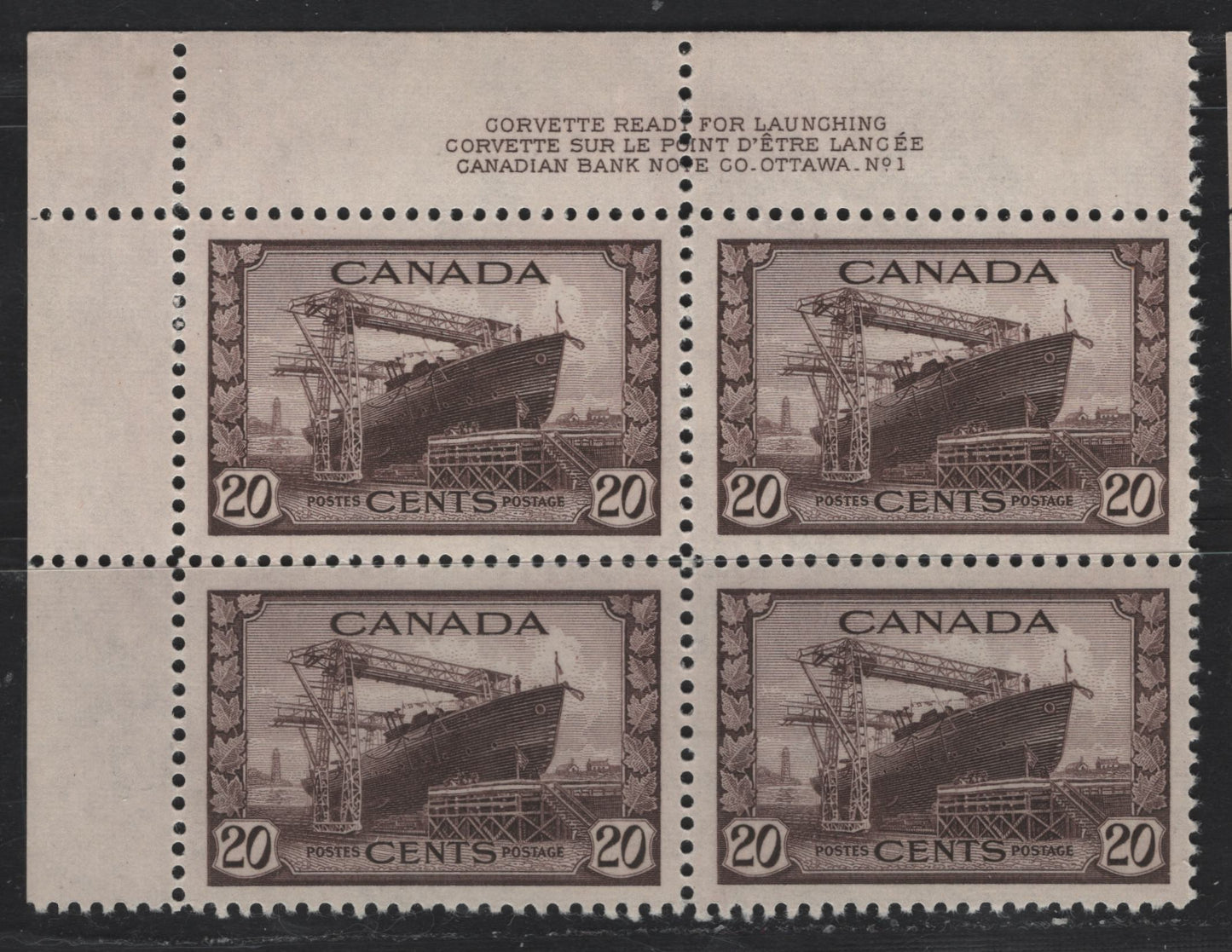 Lot 268 Canada #260 20c Chocolate Corvette, 1942-1943 War Issue, A VFNH UL Plate 1 Block Of 4, Perf 12, Perf Separating At Top