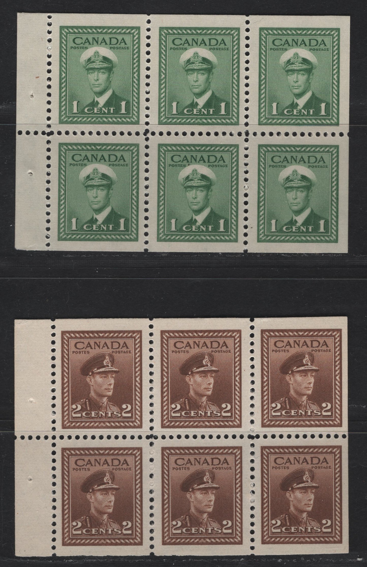 Lot 274 Canada #249b-250b 1c - 2c Green - Brown King George VI, 1942-1943 War Issue, 2 VFNH Booklet Panes Of 6