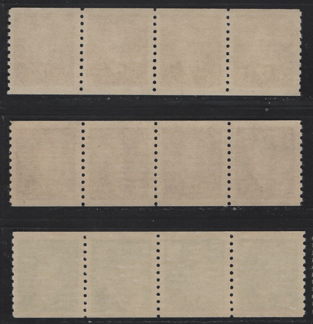 Lot 290 Canada #295-296, 299 1c - 3c Green - Rose Violet King George VI, 1949-1950 Postes-Postage & Postes-Postage Omitted Coil Issues, 3 VFNH Coil Strips Of 4, Perf 9.5 Vertical