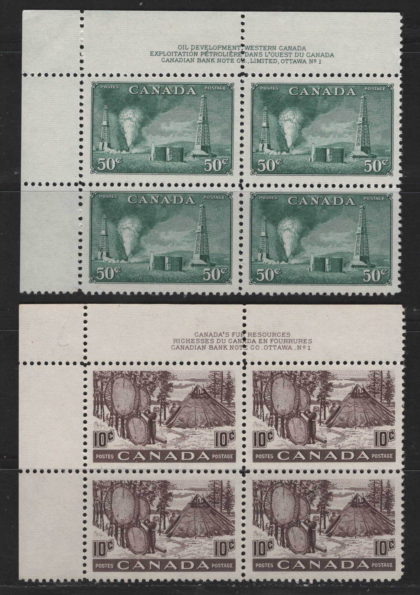 Lot 293 Canada #294, 301 50c & 10c Dull Green - Black Brown Oil Wells - Drying Skins, 1950 Oil & Fur Resources Issues, 2 VFNH UL Plates 1 & 2 Blocks Of 4, Perf 12