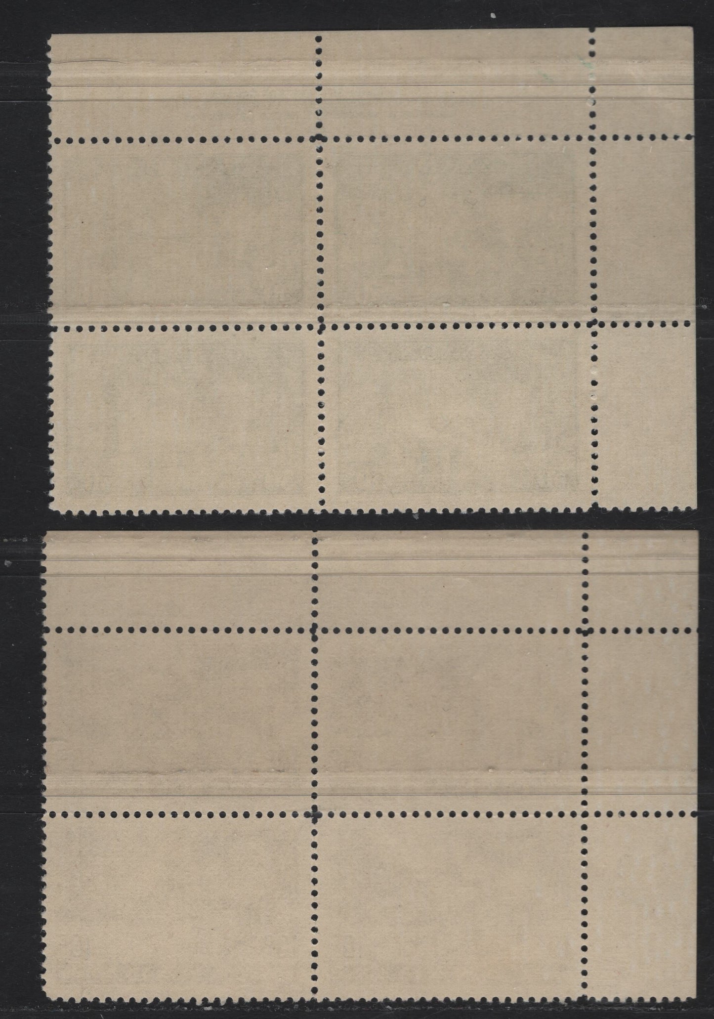 Lot 293 Canada #294, 301 50c & 10c Dull Green - Black Brown Oil Wells - Drying Skins, 1950 Oil & Fur Resources Issues, 2 VFNH UL Plates 1 & 2 Blocks Of 4, Perf 12