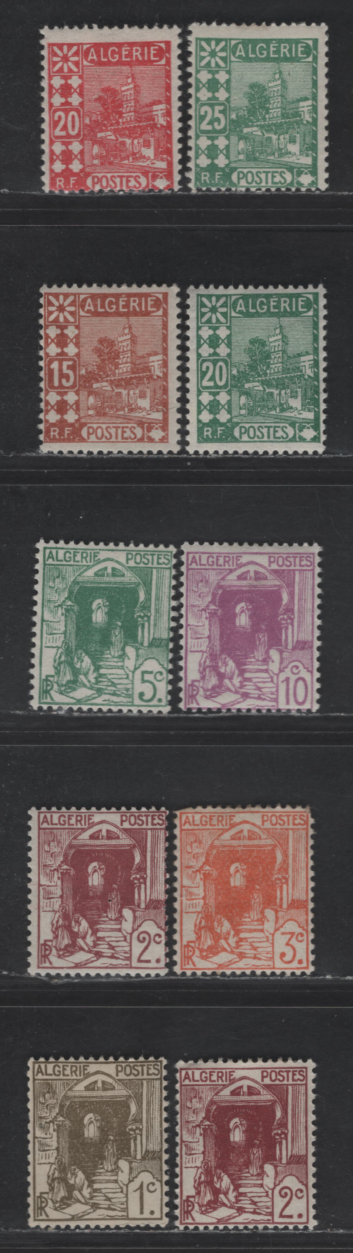 Lot 3 Algeria SC#33-41 1c - 25c Olive - Blue Green Street in Kasbah - Mosque of Sidi Abd-er-Rahman, 1926-1939 Pictorial Definitives, 10 F/VFOG Singles, Includes 2 Shades Of 2c
