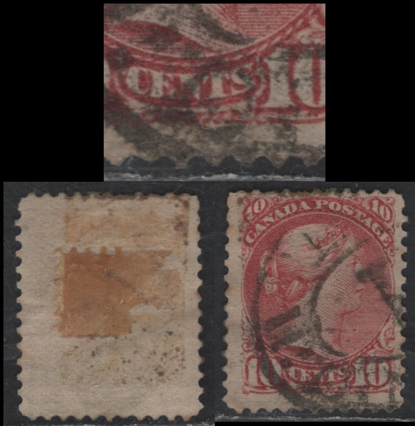 Lot 311 Canada  #45avar 10c Deep Rose Queen Victoria, 1870-1897 Small Queen Issue, A VG Used Single Late Second Ottawa Printing, Medium Porous Horizontal Wove (2O-E), Perf. 12 x 12.1, Minor Re-Entry With Doubling Of The Oval Below "Cents"