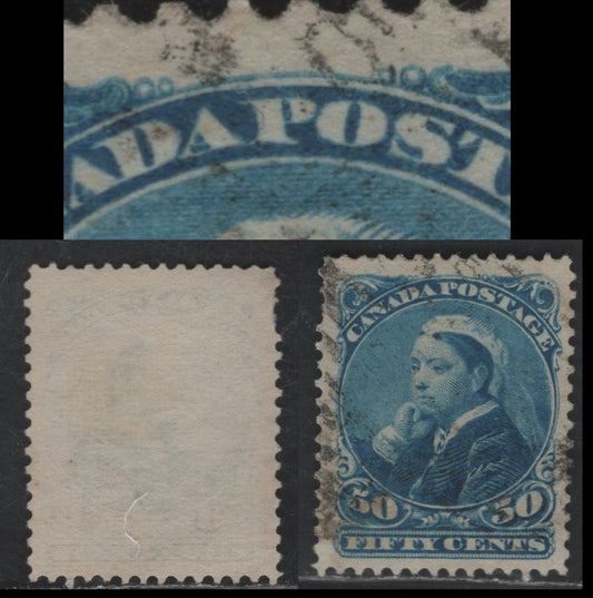 Lot 319 Canada  #47i 50c Blue Queen Victoria, 1870-1897 Small Queen Issue, A VF Used Single Late Second Ottawa Printing On Soft, Porous Horiziontal Wove With Fine Mesh & Smooth Finish (2O-I), Perf. 12, Major Re-Entry In Top Frameline