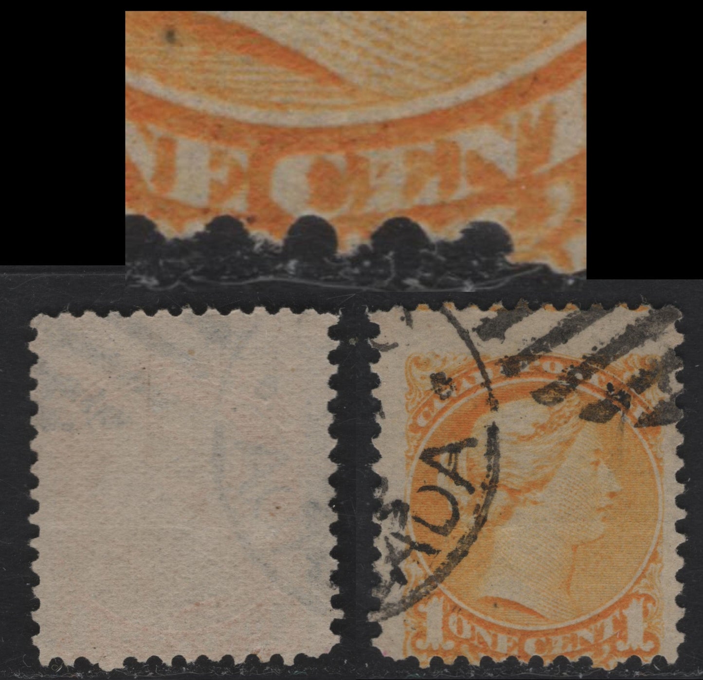 Lot 321 Canada  #35 1c Bright Yellow Queen Victoria, 1870-1897 Small Queen Issue, A VG Used Single Early Second Ottawa Printing, Semi-Porous Greyish-White Horizontal Wove (2O-H), Perf 12 x 12.1, Dash Inside "E" Of Cent, This Is The Only Example I Found