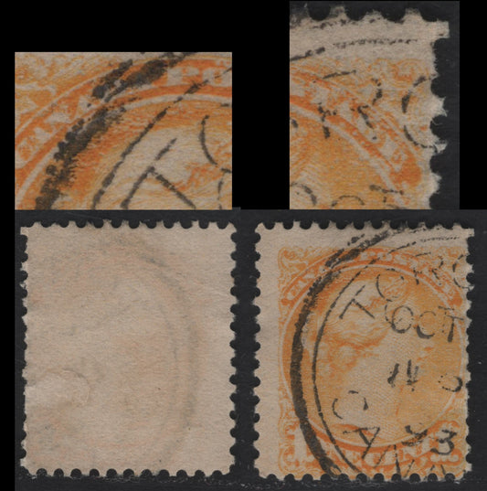 Lot 323 Canada  #35var 1c Yellow Queen Victoria, 1870-1897 Small Queen Issue, A VG Used Single Mid Second Ottawa Printing Showing Extensive Plate Wear, With Extensive Damage To The Design In Upper Right Corner