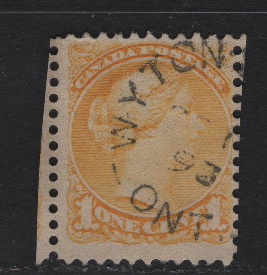Lot 324 Canada  #35 1c Pale Yellow Queen Victoria, 1870-1897 Small Queen Issue, A Fine Used Single Mid Second Ottawa Printing On Yellowish Newsprint (2O-B), Perf. 12, With Scarce Partial Wyton Station, ON, Split Ring Cancel, Closed In 1912