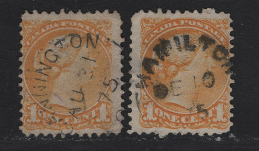 Lot 326 Canada  #35vii, 35d 1c Dull Yellow & Orange Queen Victoria, 1870-1897 Small Queen Issue, 2 Fine Used Singles Mid-Montreal Printings, 1875 Cannington & Hamilton Cancels, Stout Horizontal Wove With Coarse Mesh (MM-B), Perf. 11.6  & 11.75 x 12