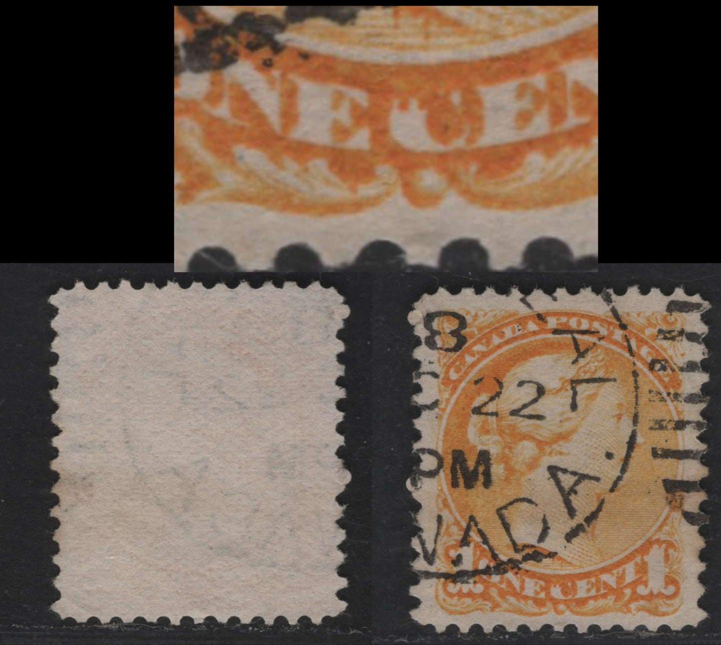 Lot 336 Canada  #35var 1c Bright Yellow Queen Victoria, 1870-1897 Small Queen Issue, A VF Used Single Early Second Ottawa Printing, Medium Porous Horizontal Mesh Paper (2O-E), Showing Multiple Dots In "C" Of "Cent", Perf. 12 x 12.1, Lovely Centering