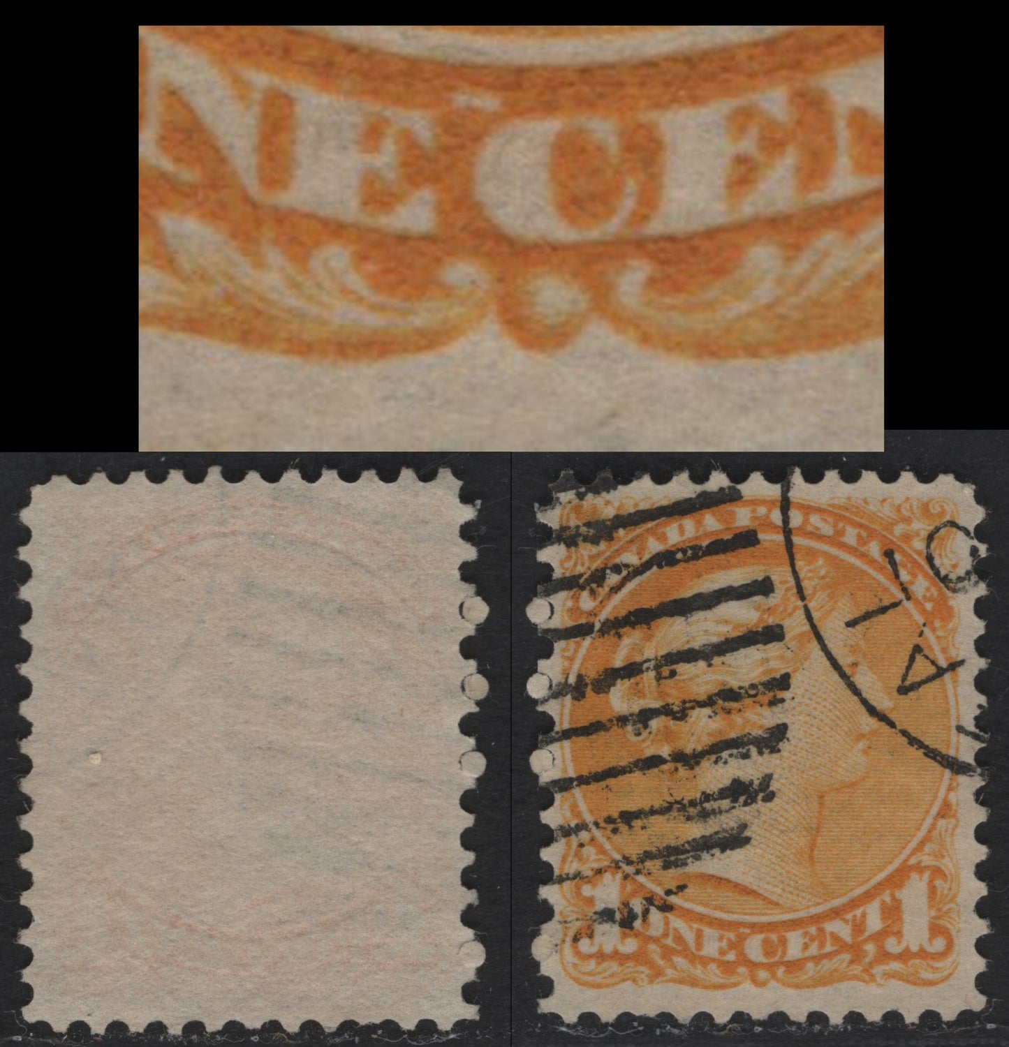 Lot 337 Canada  #35var 1c Deep Dull Yellow Queen Victoria, 1870-1897 Small Queen Issue, A VF Used Single Mid-Second Ottawa Printing From New Plates, Medium Porous Horizontal Mesh Paper (2O-E), White Flaw Above "EC" Of "One Cent"