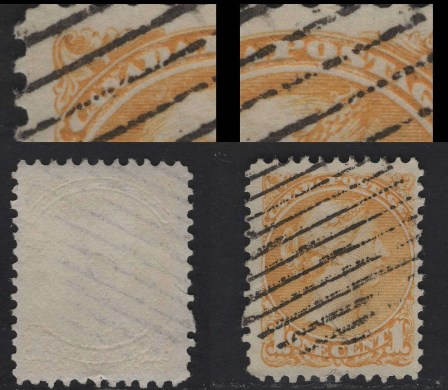 Lot 338 Canada  #35ii 1c Pale Lemon Yellow Queen Victoria, 1870-1897 Small Queen Issue, A Fine Used Single Mid Montreal Printing On Hard Medium White Wove With Fine Vertical Mesh (MM-F), Dry Inking Flaw Under "CAN" & "Post", Perf. 11.5 x 12