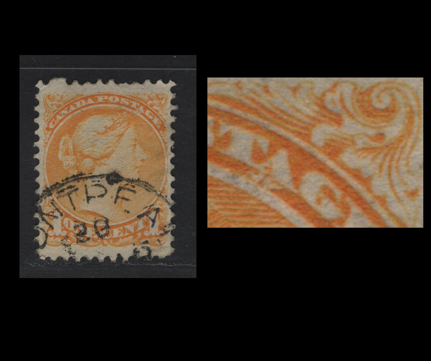 Lot 344 Canada #35var 1c Bright Yellow Queen Victoria, 1870-1893 Small Queen Issue, A Very Fine Used Single, Late Second Ottawa Printing, Paper Type 2O-H, Large Blemish Under Last A Of Canada, Perf 11.9x12