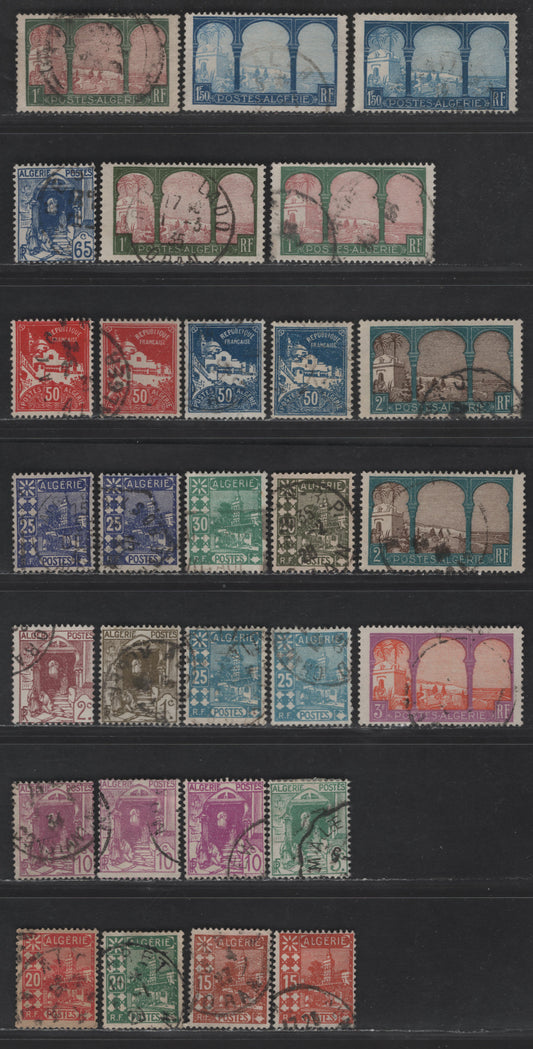 Lot 4 Algeria SC#33-34, 36-40, 42-43, 45-47, 49-50, 58, 62-64 1c - 3fr Olive - Violet & Orange Street in Kasbah - Marabout of Sidi Yacoub, 1926-1939 Pictorial Definitives, 29 Fine/Very Fine Used Singles, Includes Additional Shade Varieties