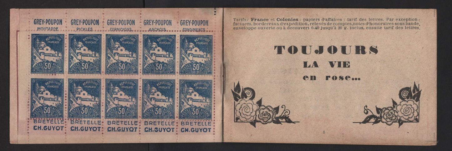 Lot 6 Algeria SC#49a 50c Blue La Pecherie Mosque, 1926-1939 Pictorial Definitives, A Very Fine Disturbed Gum Complete Booklet Of 20, Two Stuck Down Panes Of 10, Interleaving Pages, Scarce