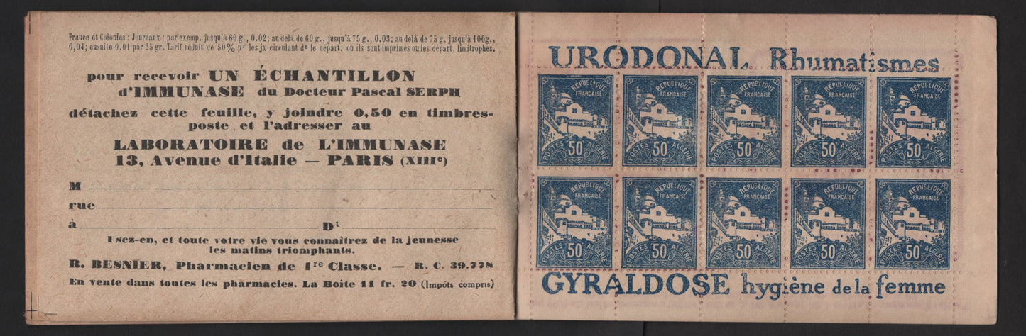 Lot 6 Algeria SC#49a 50c Blue La Pecherie Mosque, 1926-1939 Pictorial Definitives, A Very Fine Disturbed Gum Complete Booklet Of 20, Two Stuck Down Panes Of 10, Interleaving Pages, Scarce