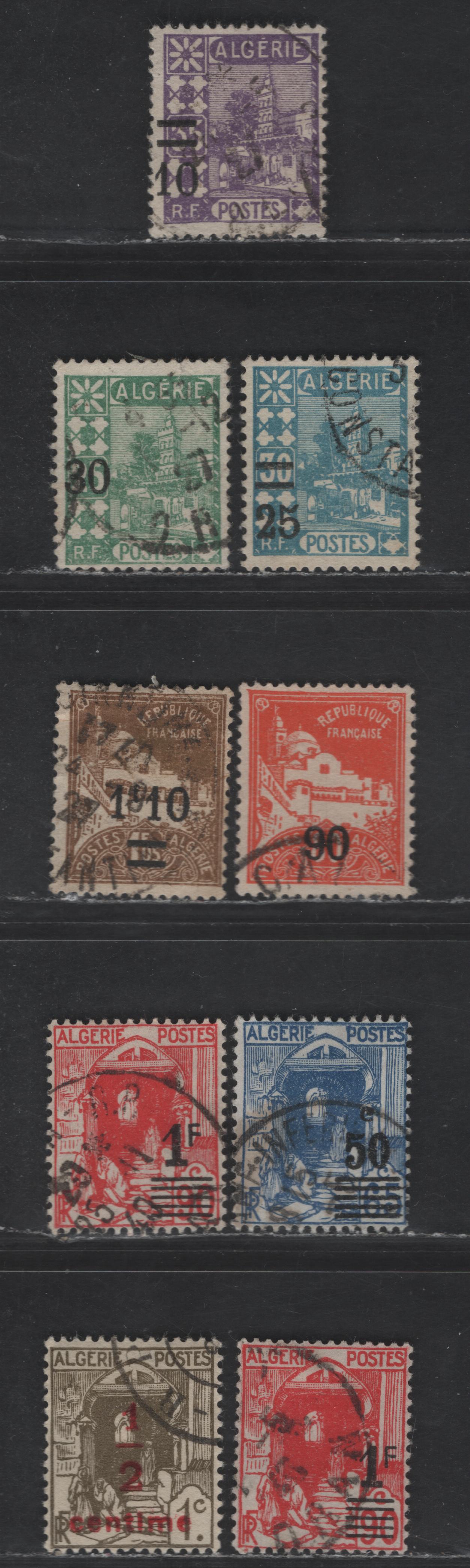 Lot 7 Algeria SC#68-70, 72, 131, 131c, 136, P2 10c on 35c - 1fr on 90c Violet - Red Mosque of Sidi Abd-er-Rahman - Liberty & Scales, 1927-1941 Surcharged Issues, 9 Fine/Very Fine Used Singles, Includes Both Types 1 & 2 of the 1fr