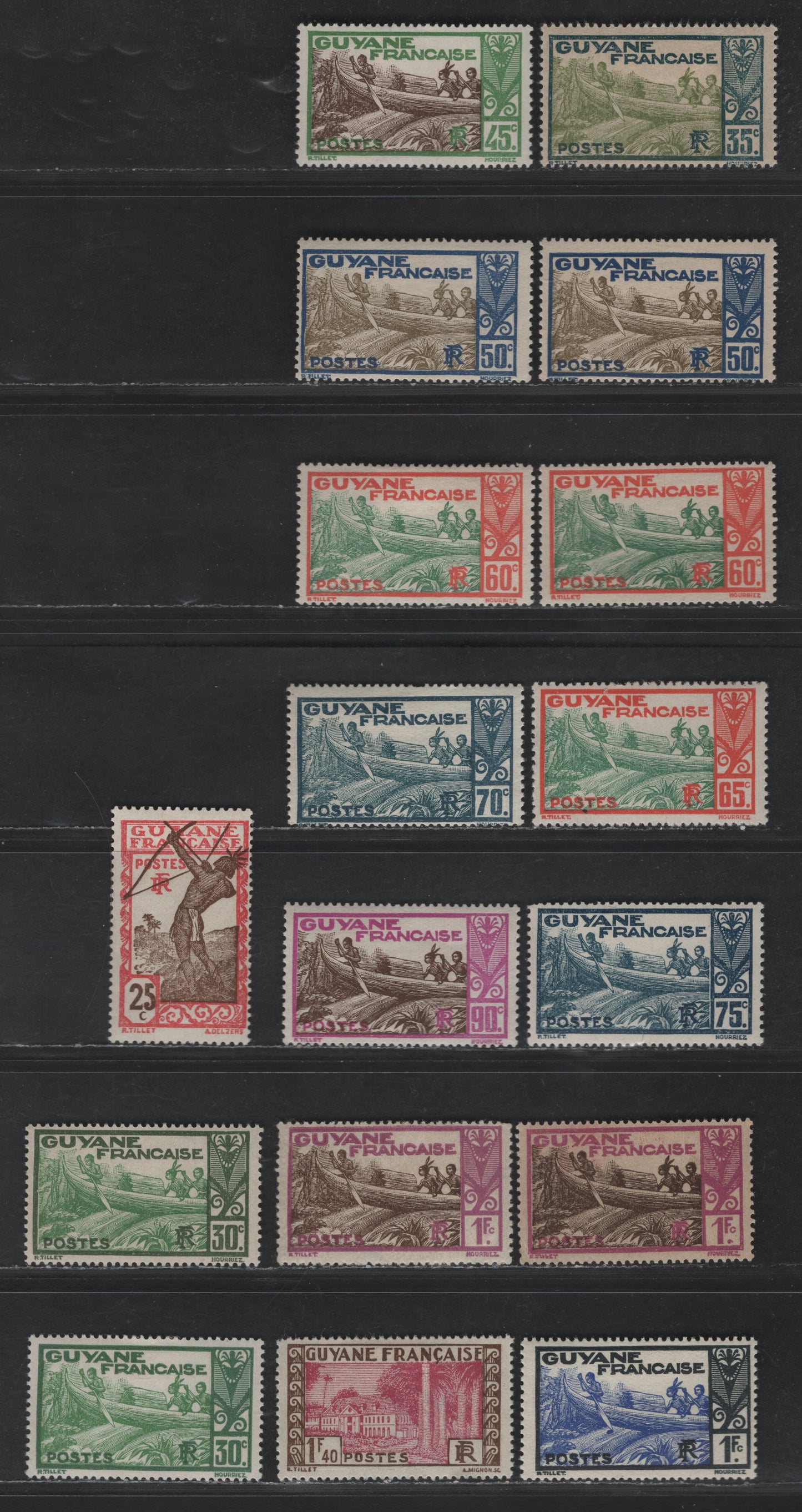 Lot 74 French Guiana SC#117-118, 120, 122, 124, 126-129, 131, 133, 140 25c - 1.40fr Dark Red & Dark Brown - Olive Brown & Red Violet Carib Archer - Government Building, Cayenne, 1929-1940 Pictorial Issue, 13 F/VFOG Singles, Some Shade Variations