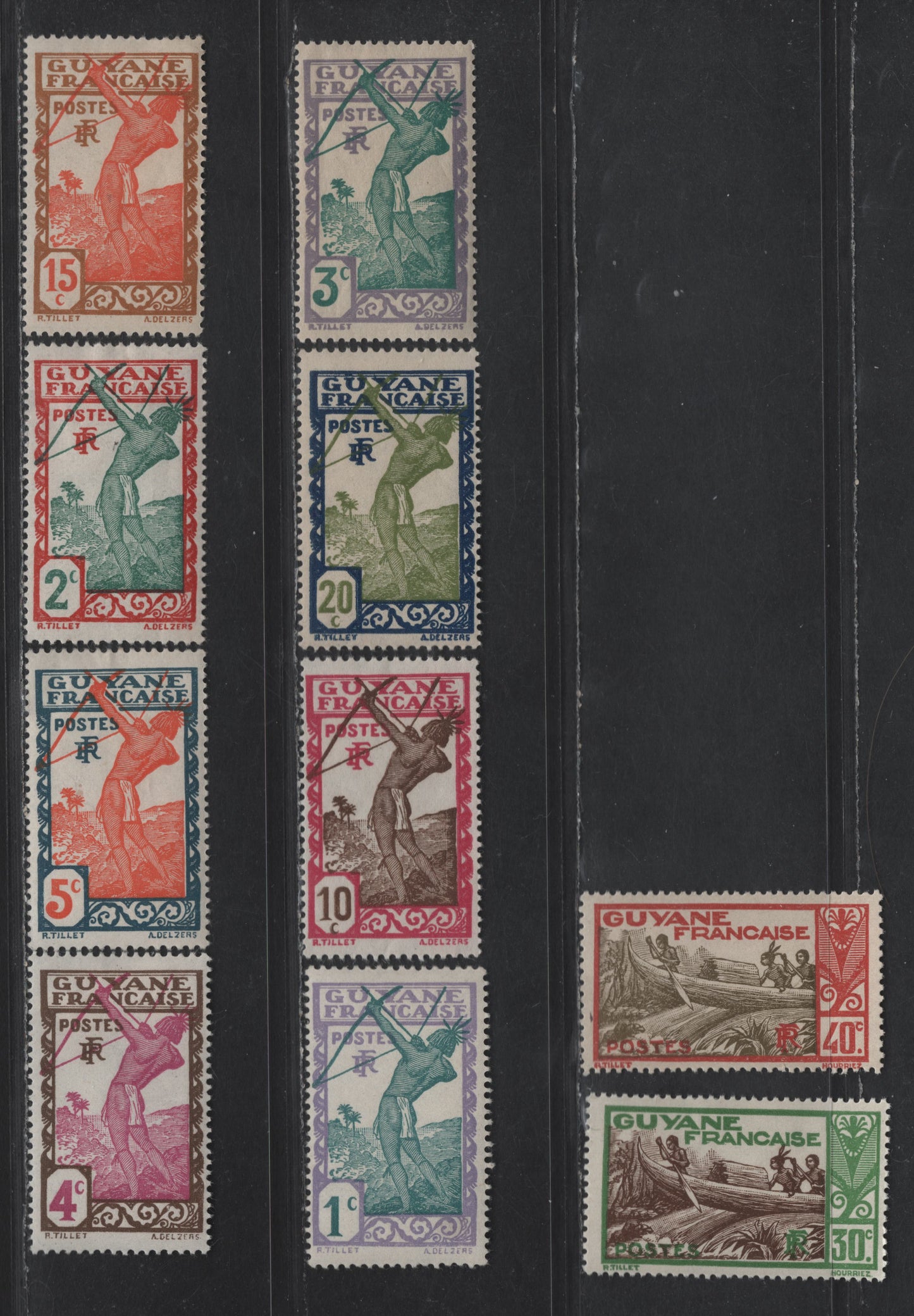 French Guiana SC#109-116, 119, 121 1c - 40c Gray Lilac & Greenish - Orange Brown & Olive Gray Carib Archer - Shooting Rapids Maroni River, 1929-1940 Pictorial Issue, 10 F/VFOG Singles