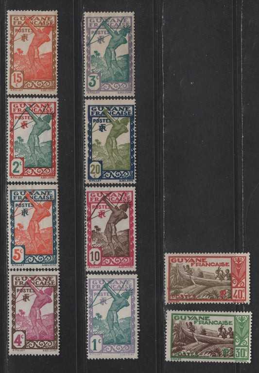 French Guiana SC#109-116, 119, 121 1c - 40c Gray Lilac & Greenish - Orange Brown & Olive Gray Carib Archer - Shooting Rapids Maroni River, 1929-1940 Pictorial Issue, 10 F/VFOG Singles