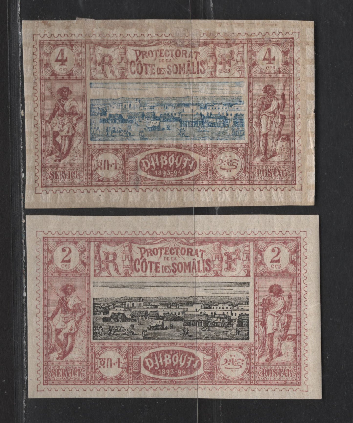 Lot 93 Somali Coast SC#7-8 2c & 4c Claret & Black - Violet Brown & Blue View of Djibouti, Somali Warriors, 1894-1902 Djibouti Views Issue, 2 FOG Imperf Singles, Both with Small Hinge Thins Which Are Not Visible From The Front