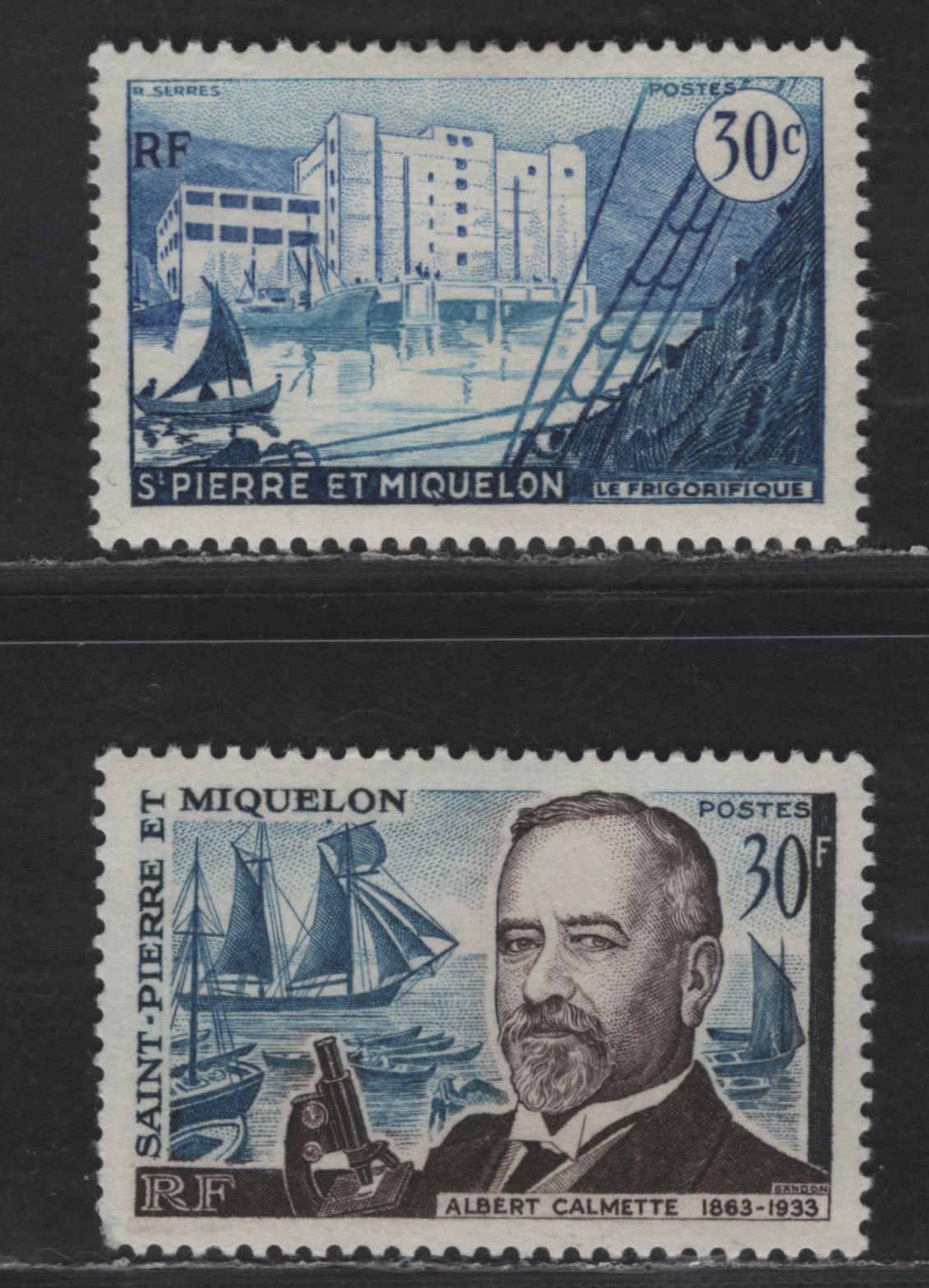 Lot 102 St Pierre & Miquelon SC#346, 356 30c - 30f Ultramarine & Dark Blue - Dark Brown & Dark Blue Fish Freezing Factory - Albert Calmette, 1955-1963 Pictorial Issues, 2 VFNH Singles, Unlisted Fluorescent Paper