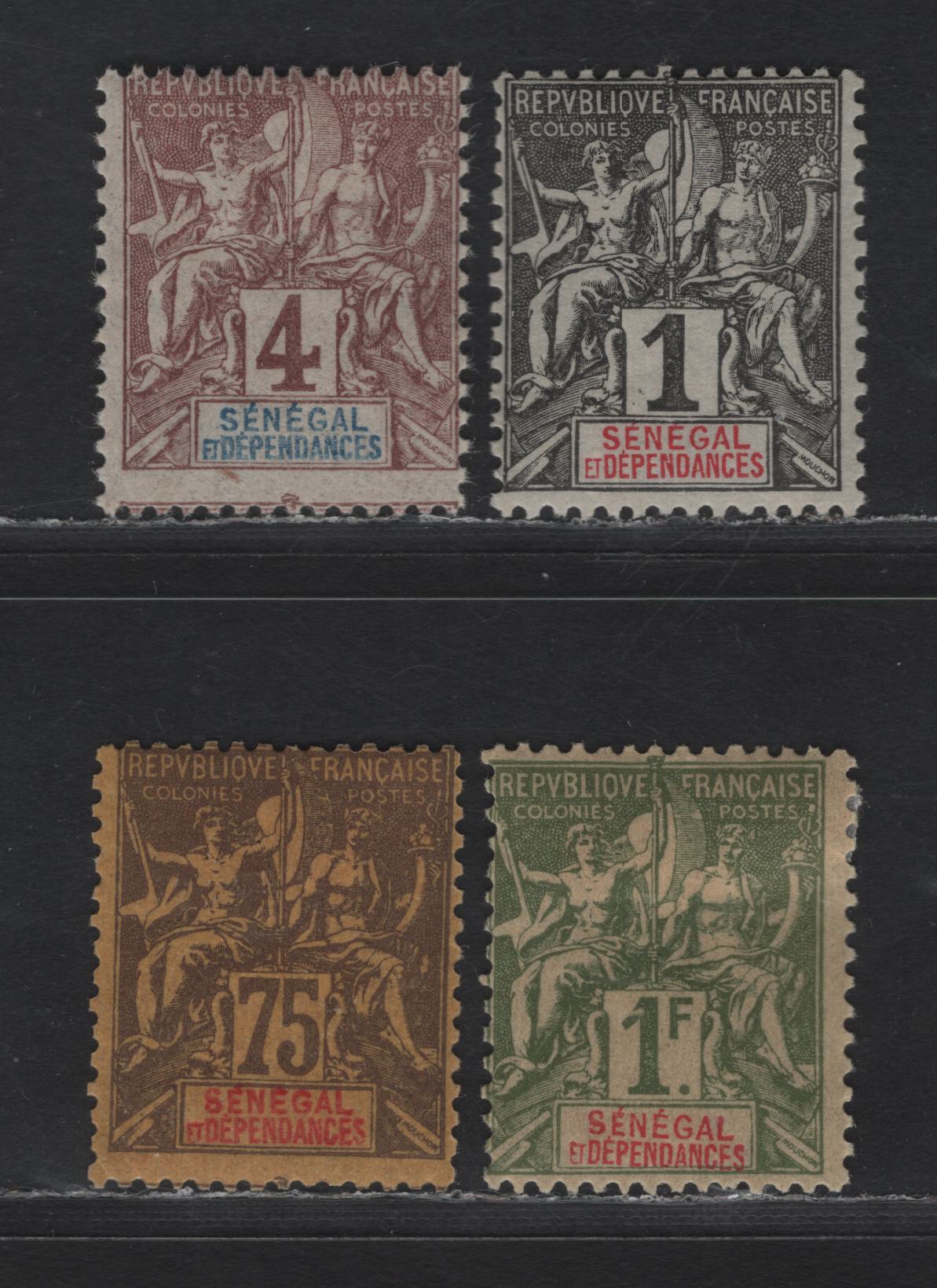 Lot 108 Senegal SC#35, 37, 51-52 1c - 1fr Black on Lilac Blue - Bronze Green on Straw Navigation & Commerce, 1892-1900 Pictorial Issue, 4 FOG Singles