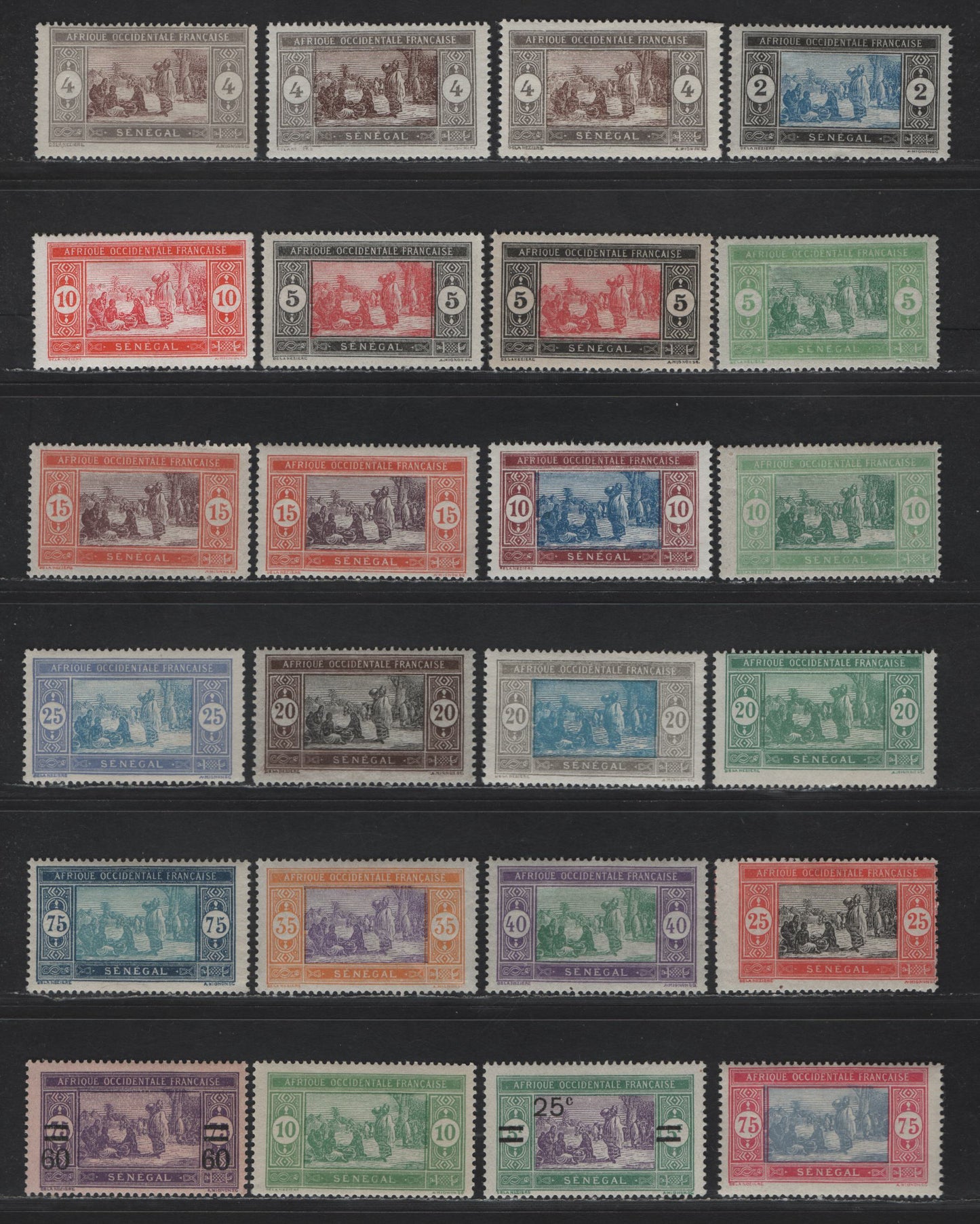Lot 111 Senegal SC#79-83, 84a, 85-92, 97-98, 109-110, 123, 131 1c - 25c on 5c Olive Brown & Violet - Violet & Green Senegalese Preparing Food, 1914-1927 Keyplate Issue, 30 F/VFOG Singles