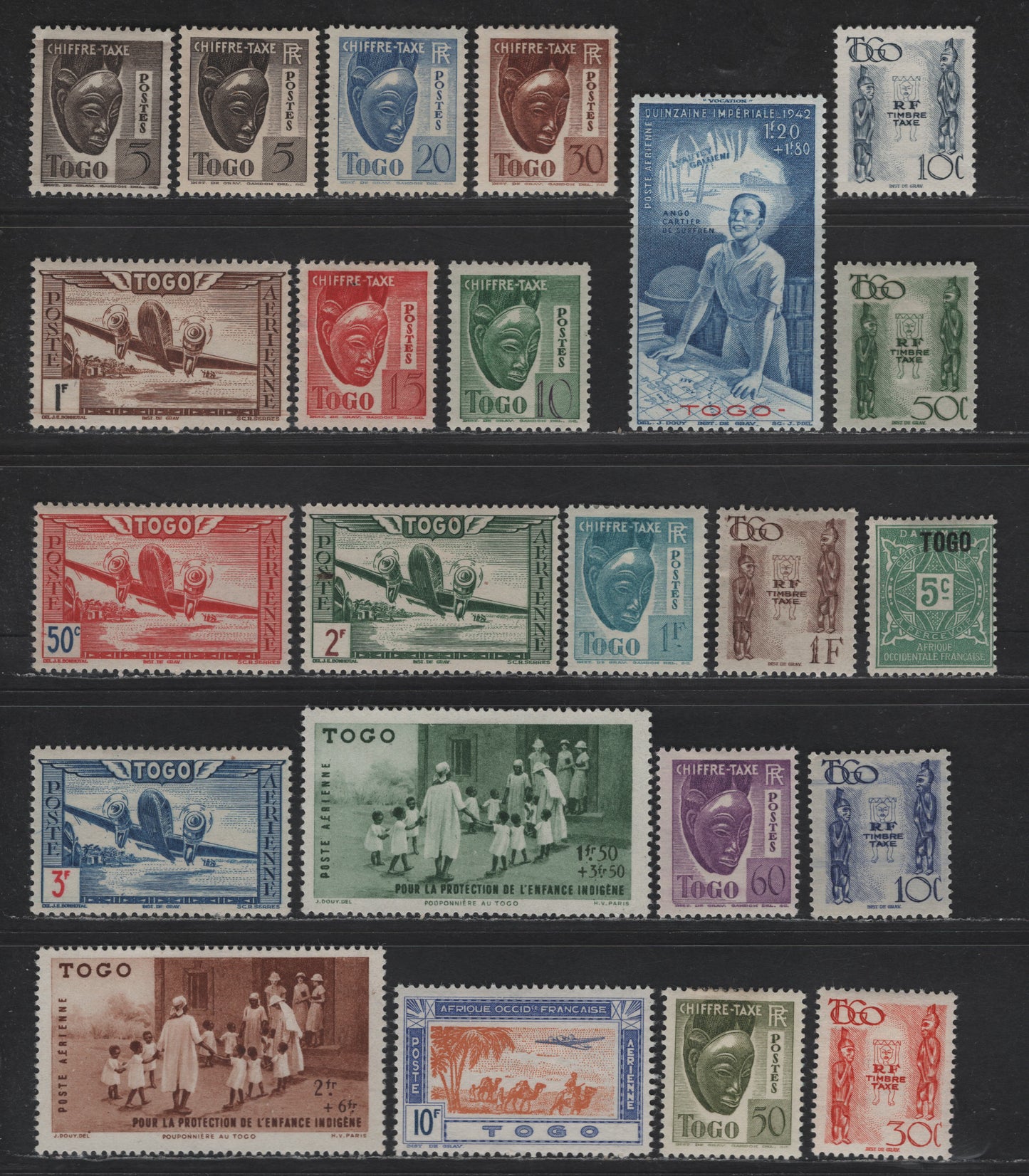 Lot 119 Togo SC#CB1-CB3, C6-C9, C11, J22/J29, J1. J32-J35, J31A-C 1.50fr+3.50fr - 15c Green - Carmine Rose & Brown Nursery - Mask, 1942 - 1944 Airmail, Airmail Semi Postal & Postage Due Issues, 23 F/VFOG Singles