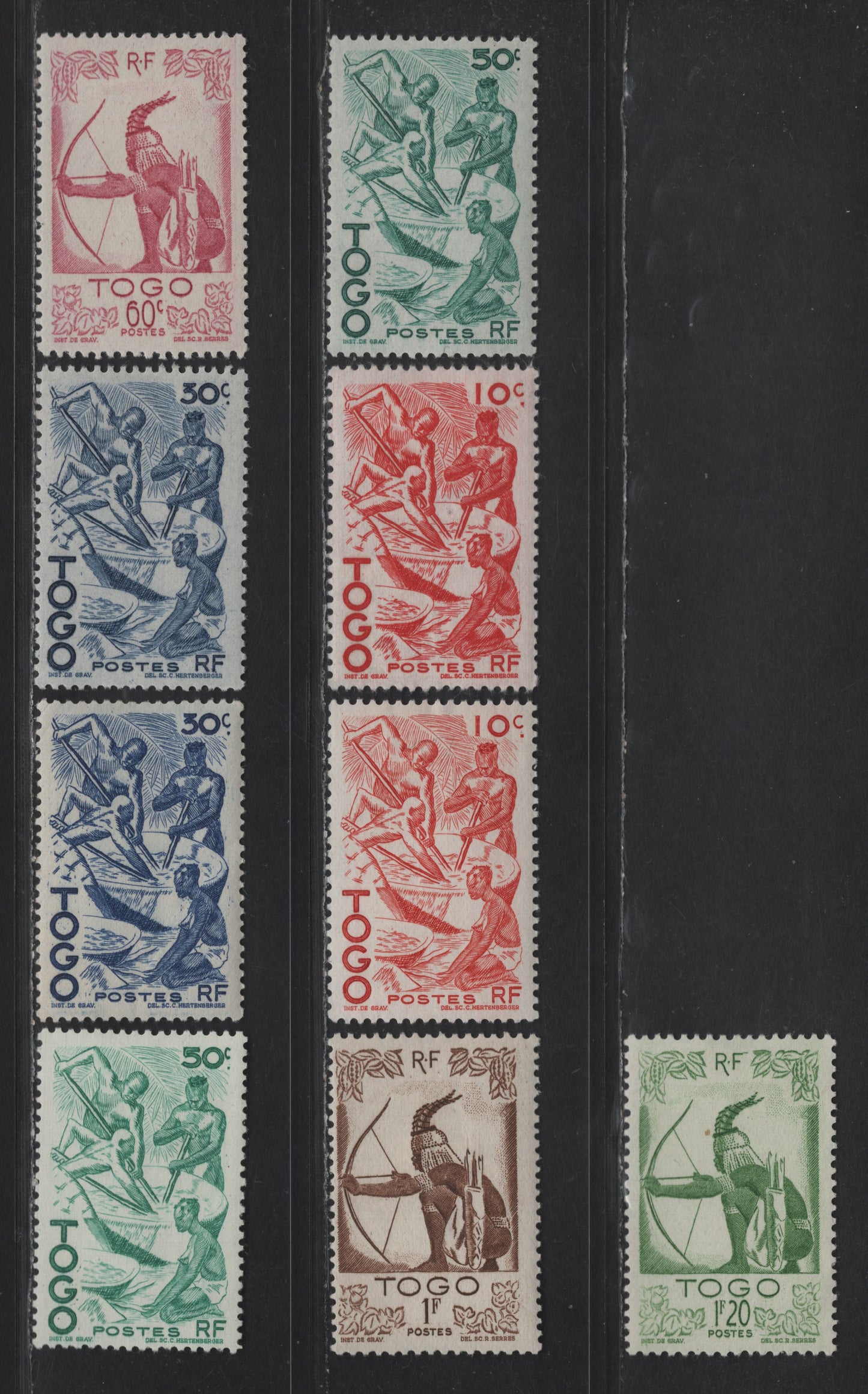 Lot 121 Togo SC#309-314 10c - 1.20fr Dark Red - Yellow Green Extracting Palm Oil - Hunter, 1947 Pictorial Issue, 9 F/VFOG Singles, Plus Additional Shades
