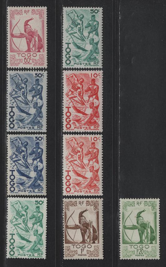 Lot 121 Togo SC#309-314 10c - 1.20fr Dark Red - Yellow Green Extracting Palm Oil - Hunter, 1947 Pictorial Issue, 9 F/VFOG Singles, Plus Additional Shades