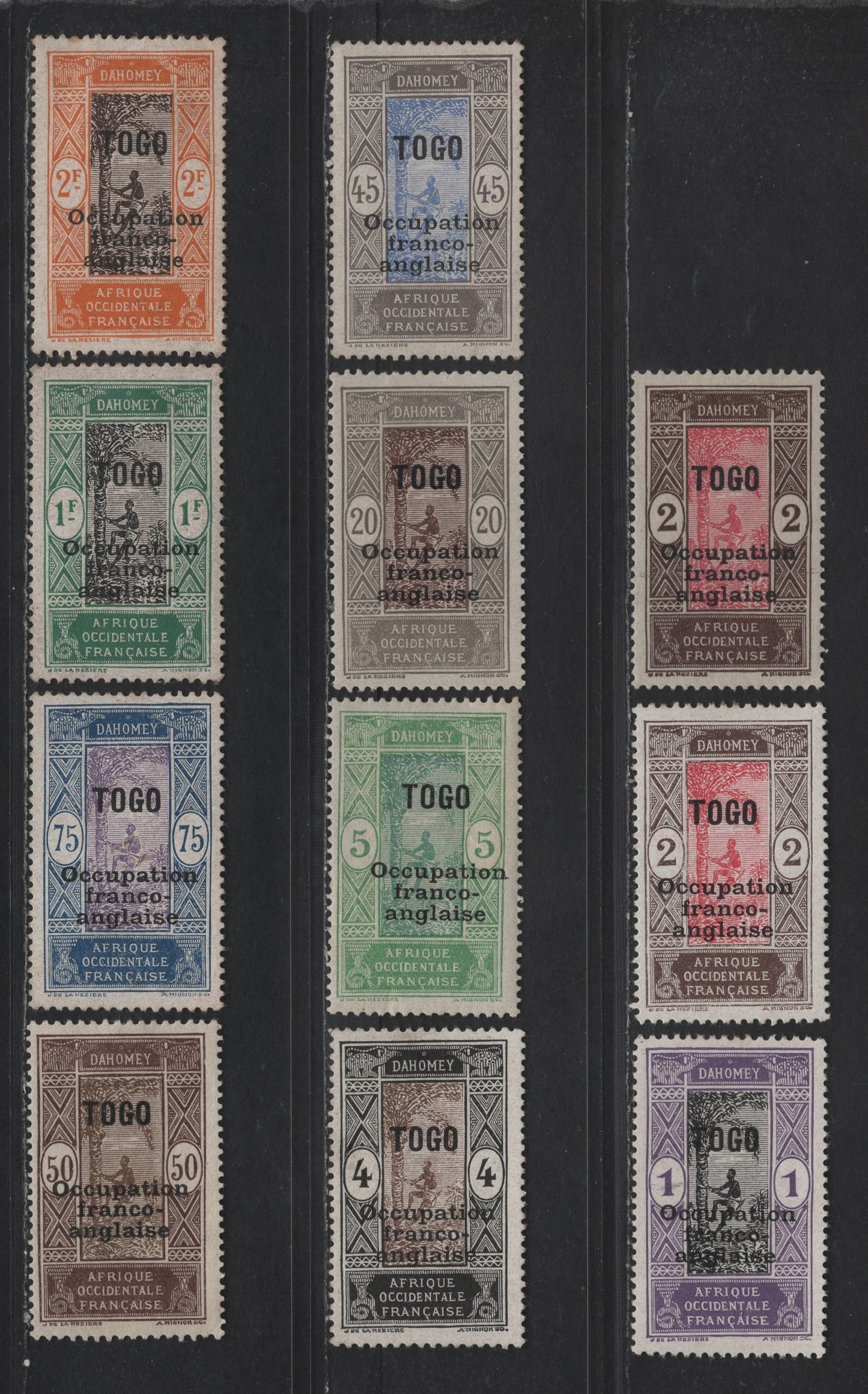 Lot 122 Togo SC#176-177a, 178-179, 182, 187, 188a, 189-191 1c - 2fr Violet & Black - Buff & Chocolate Debarking Tree, 1916-1917 French-English Occupation Overprinted Issue, 11 F/VFOG Singles, Chalky Paper, Plus 2c & 50c Ordinary Paper