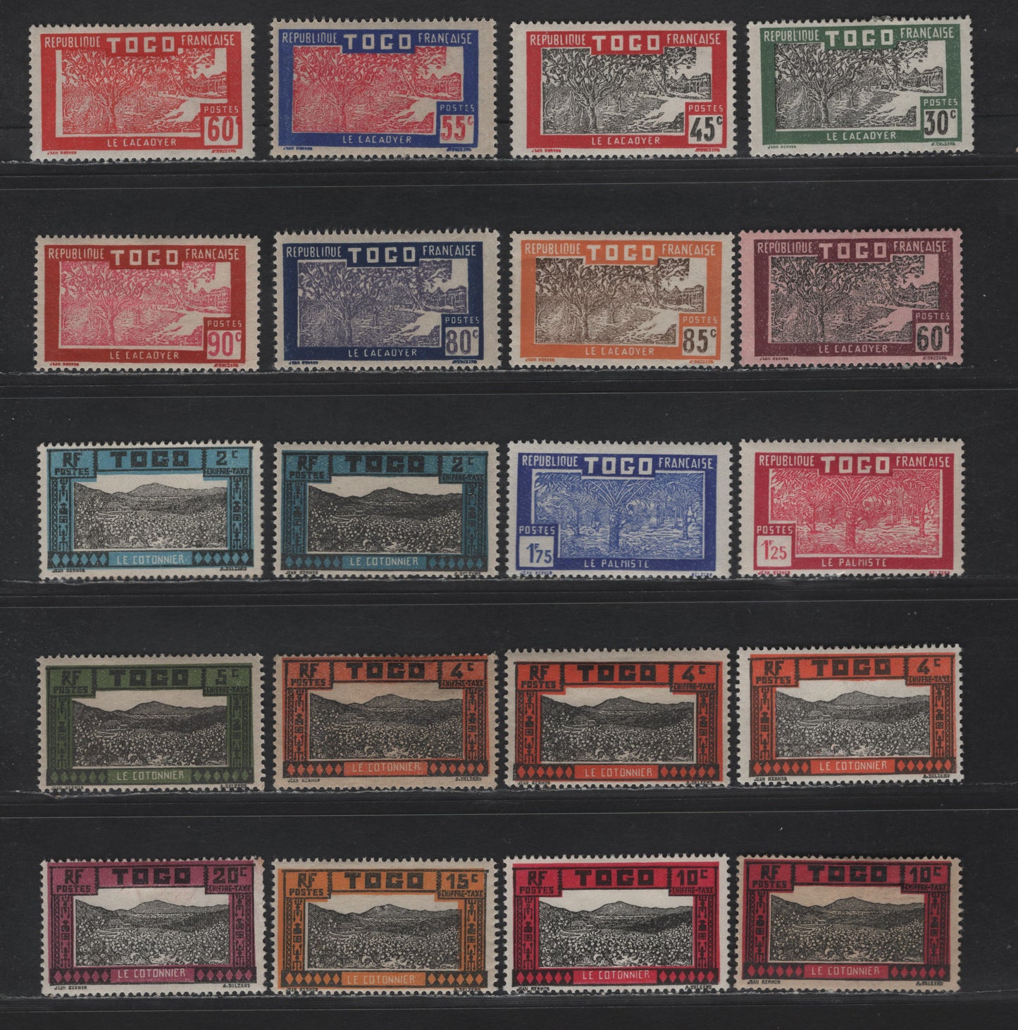Lot 124 Togo SC#216/247, J9-J13 1c - 20c Yellow & Black - Purple & Black Coconut Grove - Cotton Field, 1924-1938 Pictorial Definitives & Postage Due Issues, 39 F/VFOG Singles, Unlisted Shades