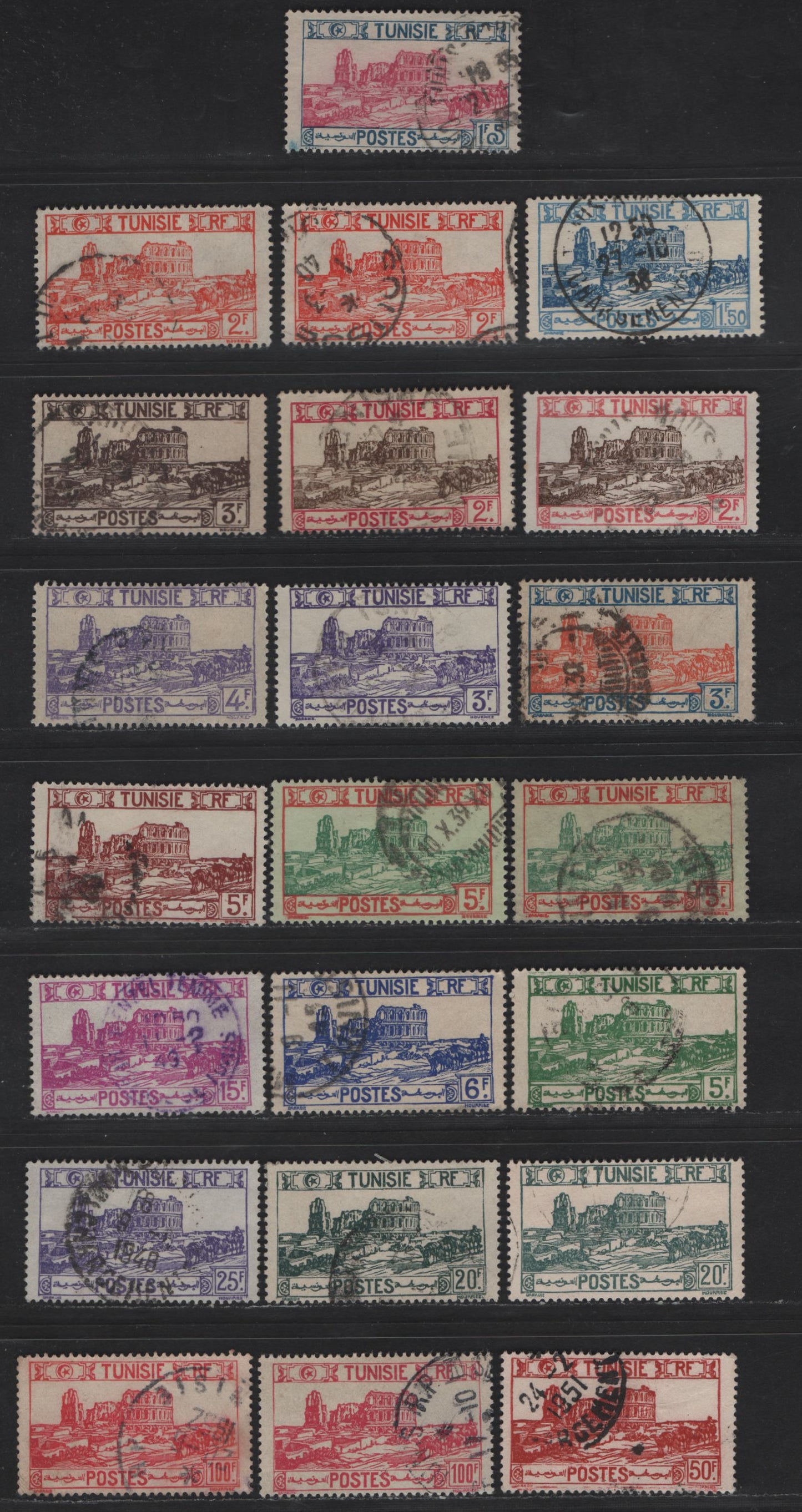 Lot 153 Tunisia SC#98, 102-104, 107-108a, 109-110B, 112C, 113A-D, 187 1.05fr - 100fr Dull Blue & Magenta - Carmine Rose Roman Amphitheater, 1926-1946 Pictorial Issue, 22 Fine/Very Fine Used Singles, Shade Variations
