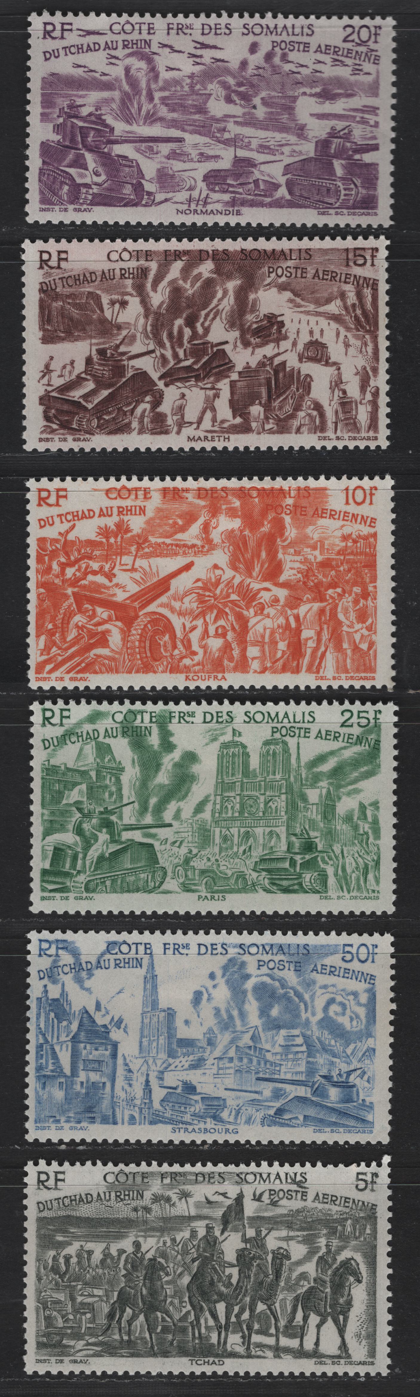 Lot 155 Somali Coast SC#C9-C14 5fr - 50fr Gray Black - Light Ultramarine Chad to Rhine, 1946 Airmail Issue, 6 VFOG Singles